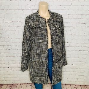 CHICOS Tweed Fringe Duster Jacket w Pockets Size M